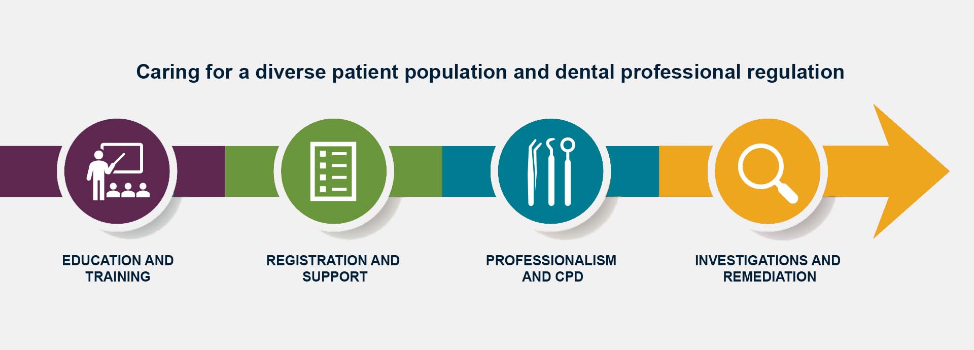 Caring for a diverse patient population Caring for a diverse patient population and dental regulation, showing a flow chart from education and training, onto registration and support, to professionalism and CPD and finally, investigations and remediation
